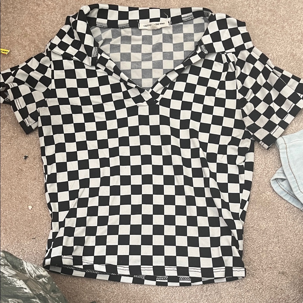 Cider Black and White Checkered Short Sleeve Top